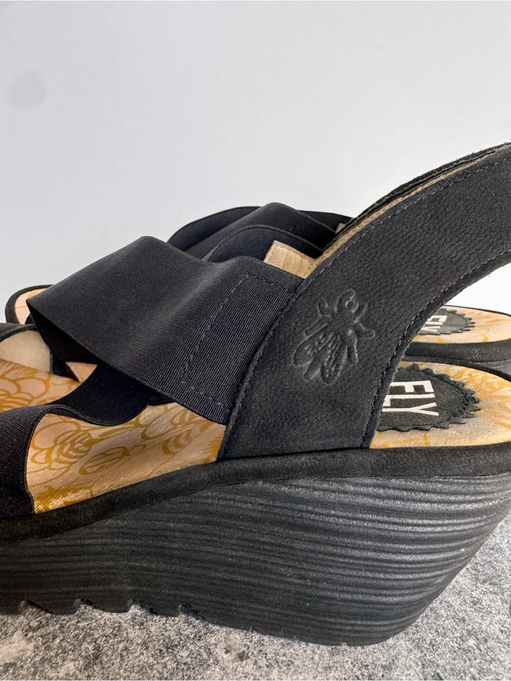 Fly London Yaji Black Leather Wedge Heels Sandals 39